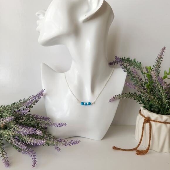 Silver Dainty Trio Turquoise Seashell Bar Necklace / Wire Wrapped Blue Necklace - Picture 5 of 6